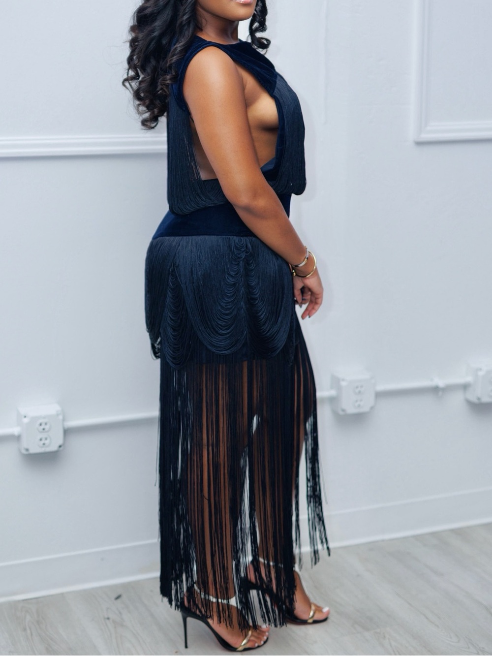 Elegant Blue Fringe Backless Women's Dress